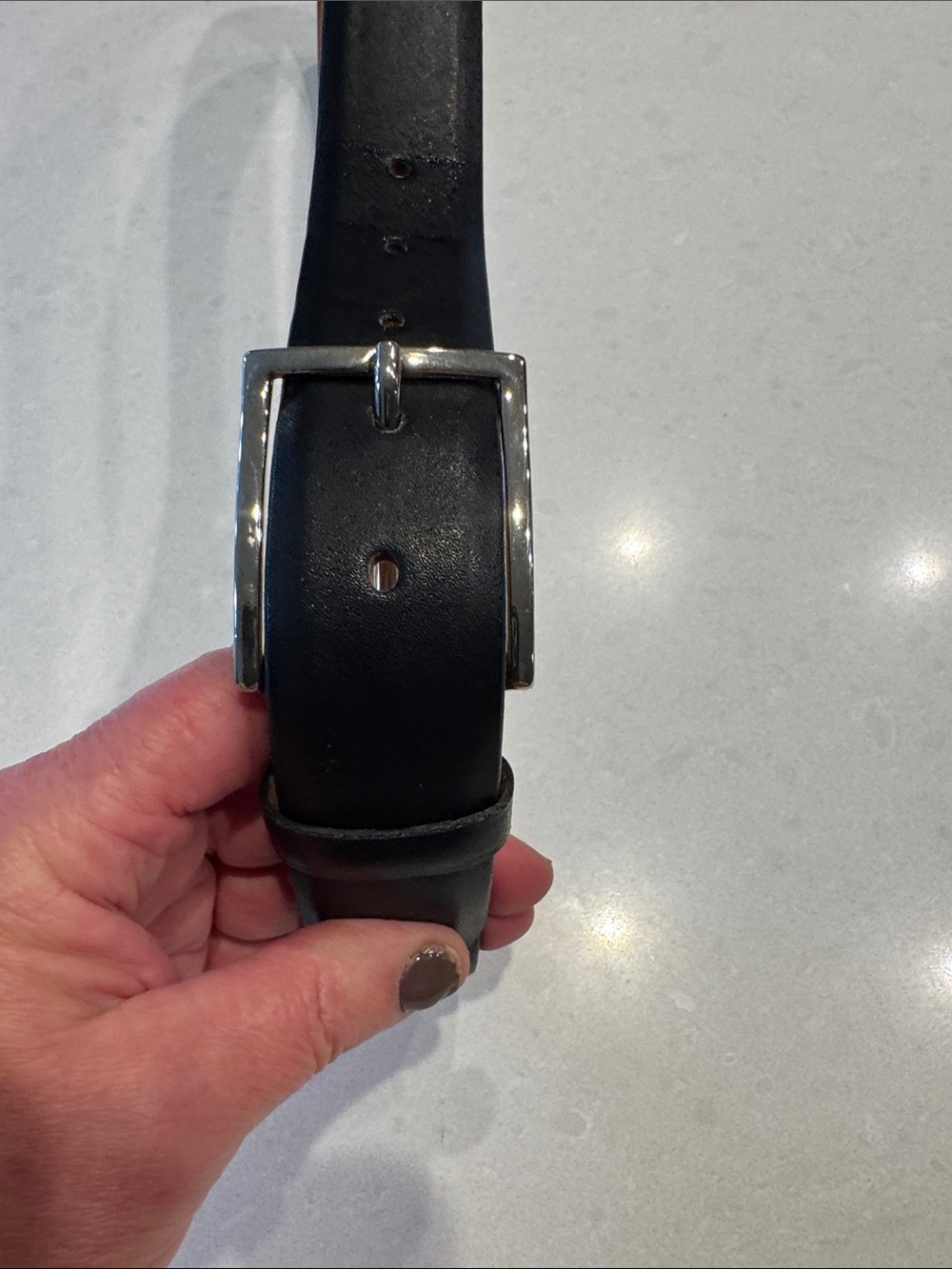 Men's Black Leather Belt with Polished Silver Buckle leather